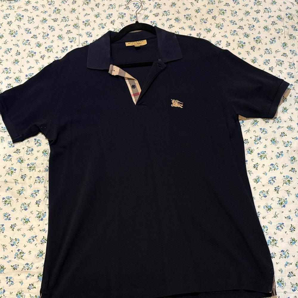 Burberry Dark Blue Polo Shirt with Check Collar